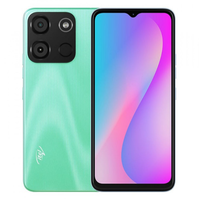 A green Itel A04 smartphone showing the front screen display and rear camera setup.